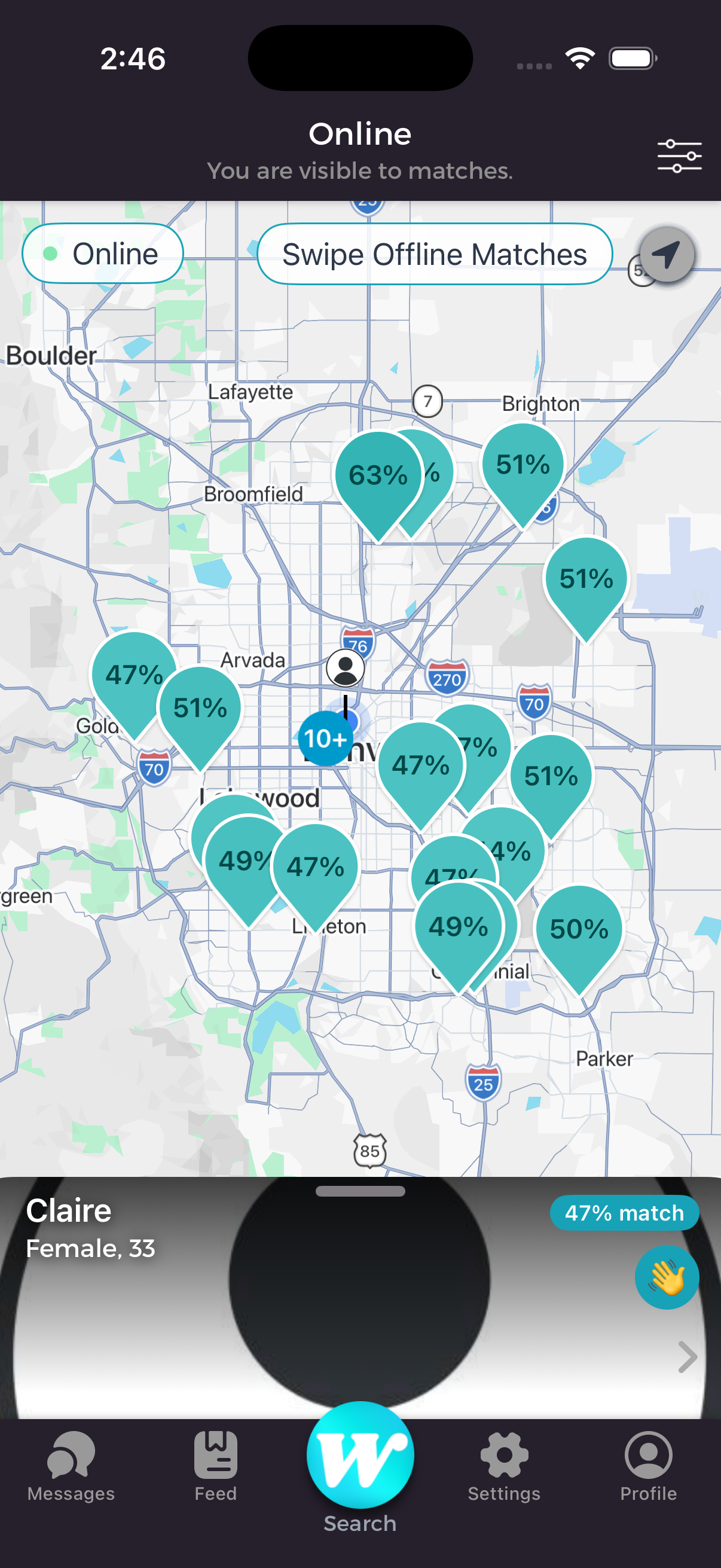 Live map with match-score pins across the city