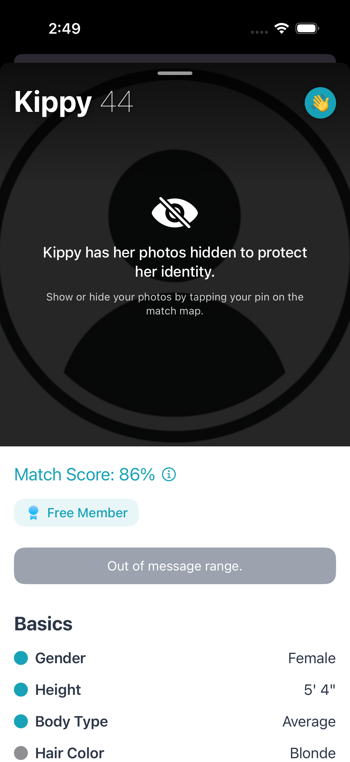 A match profile in The Wild showing an 86% match score and a wave button