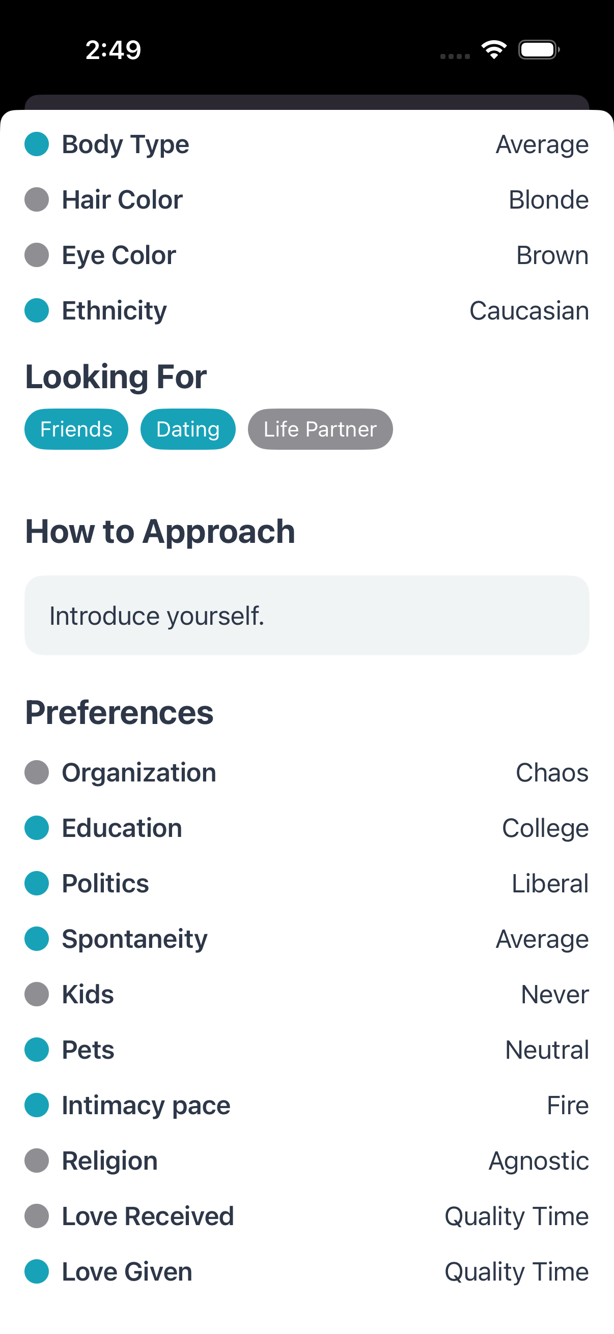 The Wild match preferences — values, intentions and lifestyle, with alignment shown in teal