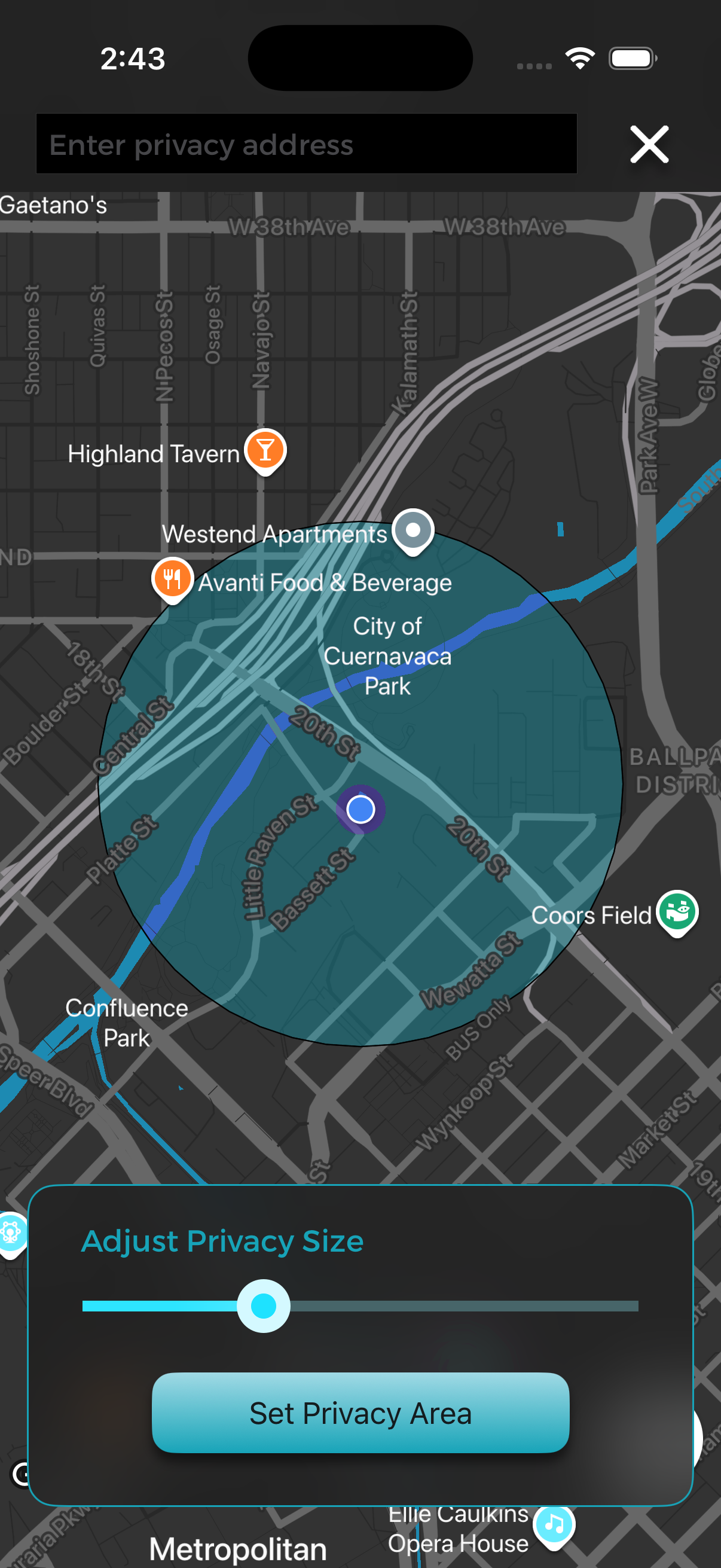 Privacy area on the map keeping your location hidden